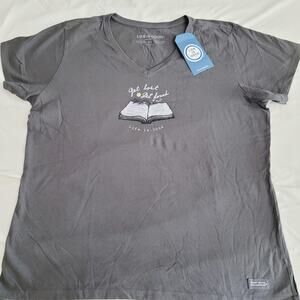 Life Is Good Shirt Womens XL Gray Crusher Tee Get Lost Get Found Book Reading